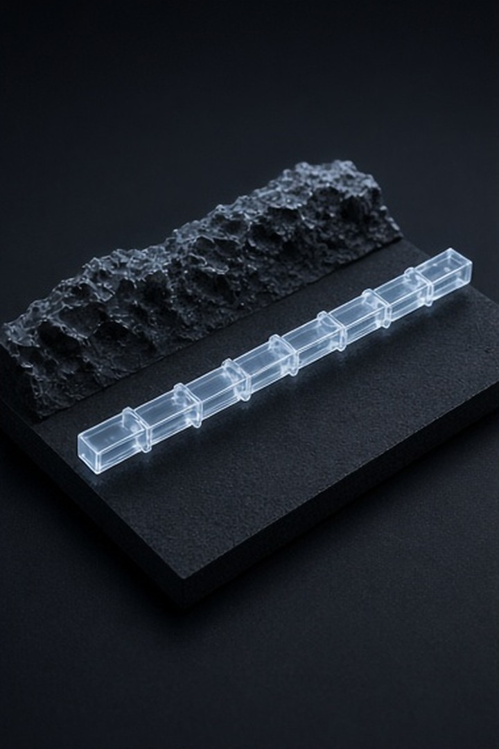 A luminous segmented build rail crossing a graphite prototype landscape
