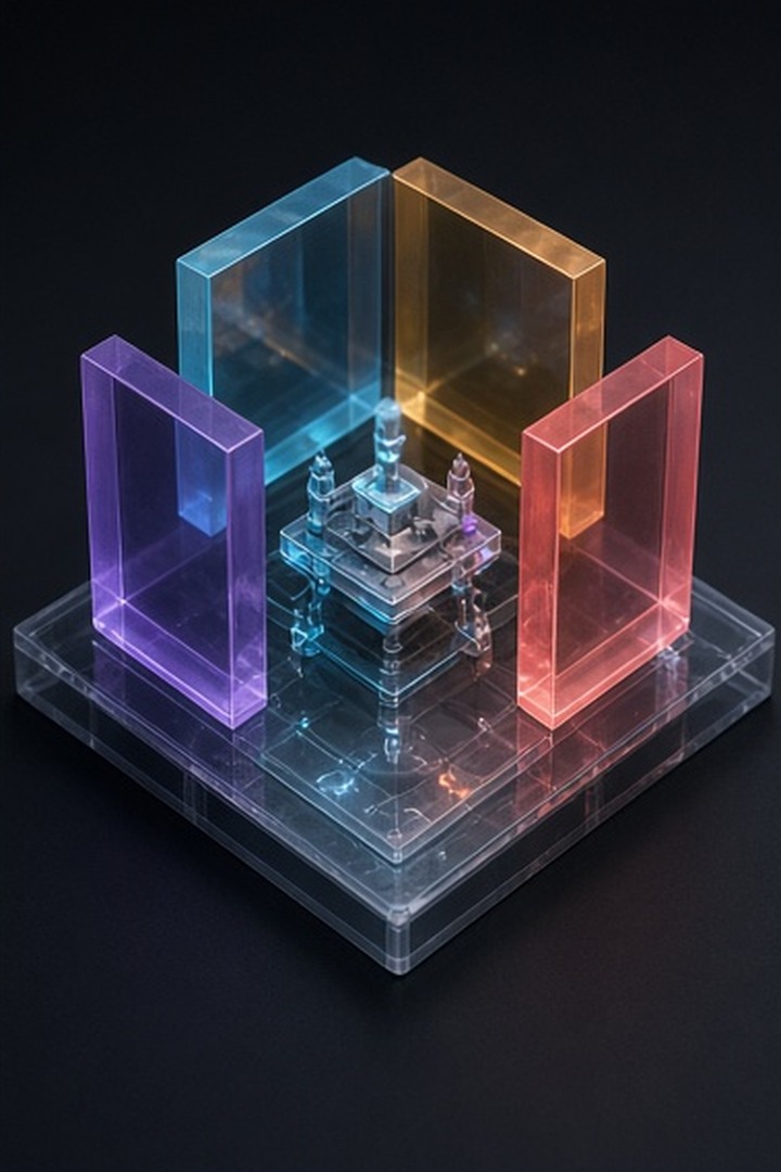 Four translucent prism faces converging on a working prototype