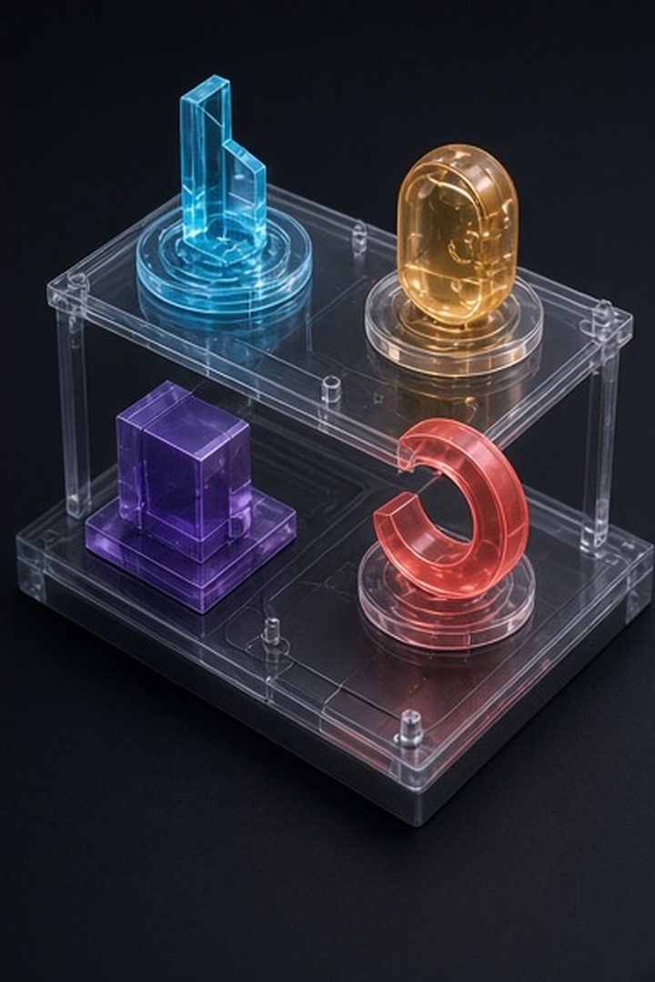 A modular acrylic maker table with four project-shaping objects