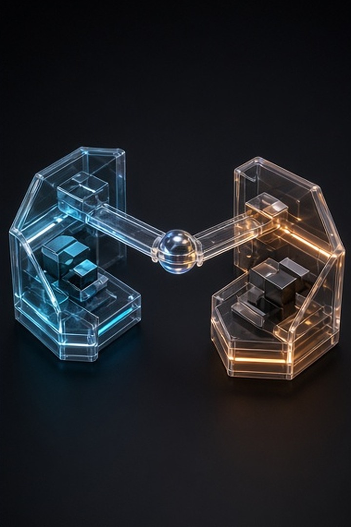 A luminous context capsule crossing an acrylic hand-off bridge