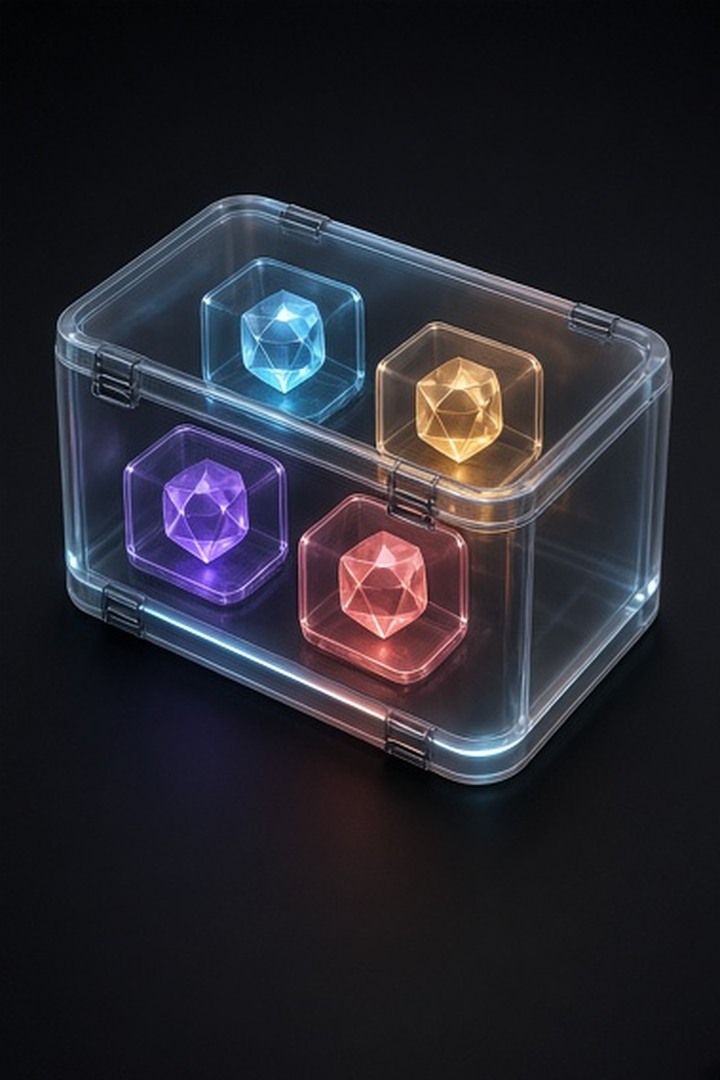 A closed transparent flightcase holding a saved four-part Build Packet