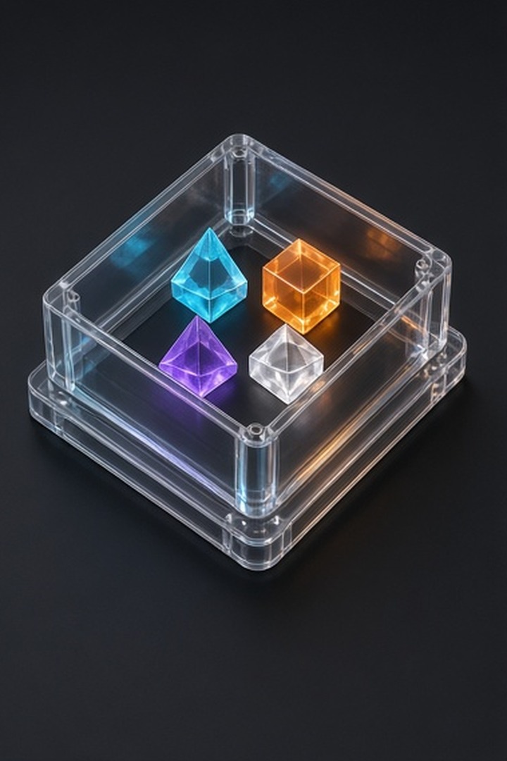 A transparent device chamber holding only four small local prism tokens