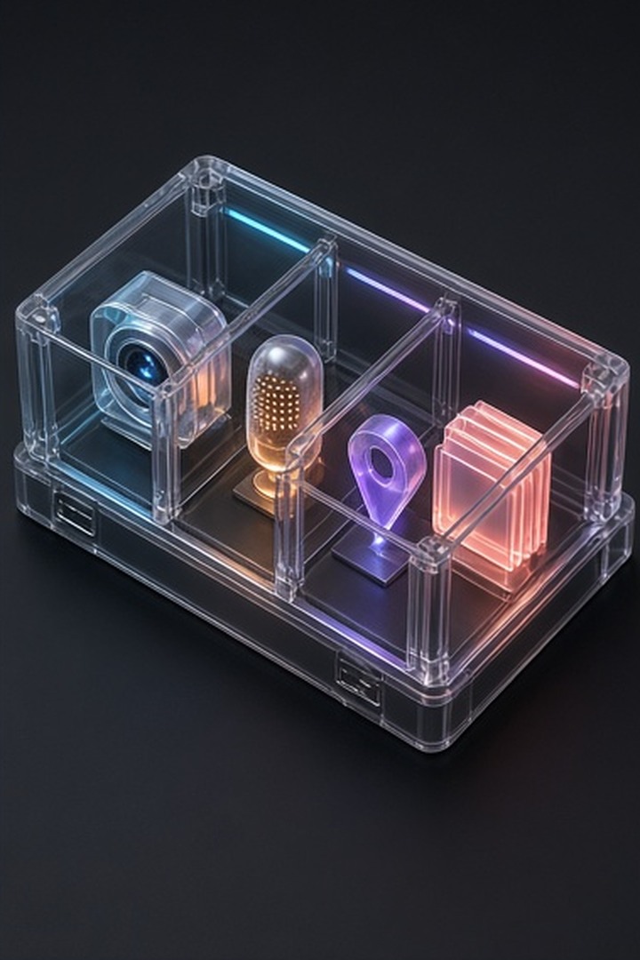 Closed acrylic gates around abstract camera, microphone, location, and file sensors