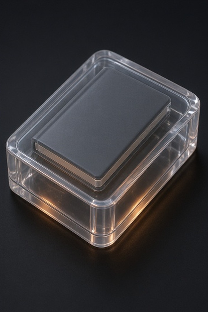 A blank prototype notebook sealed inside a transparent resin case