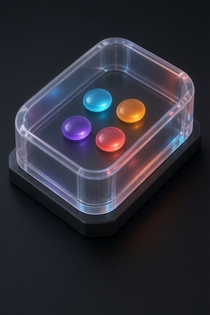 A protective acrylic shell around four small preference tokens